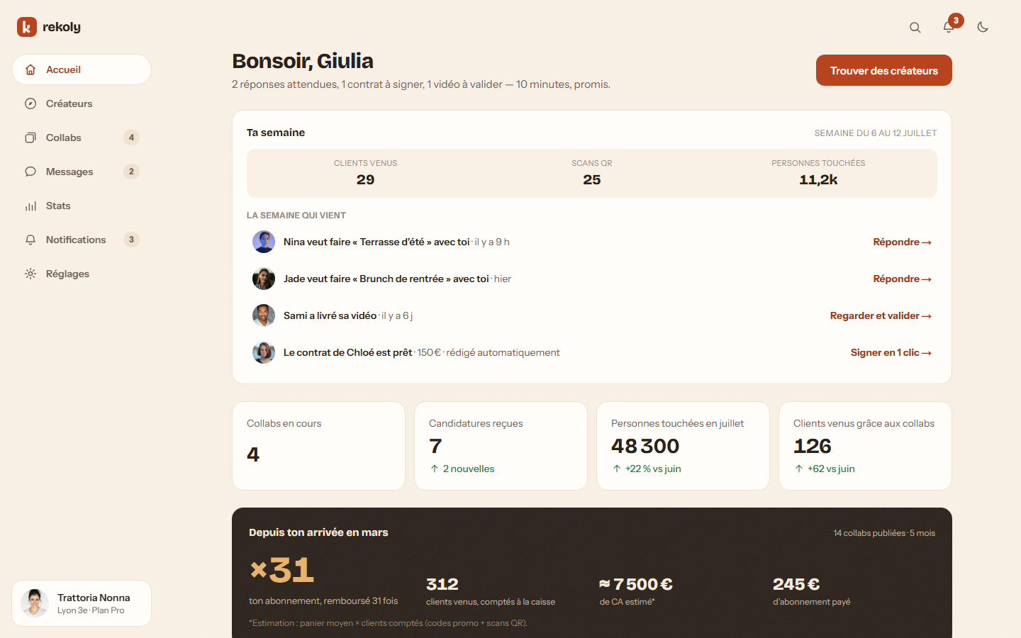 Tableau de bord commerçant Rekoly
